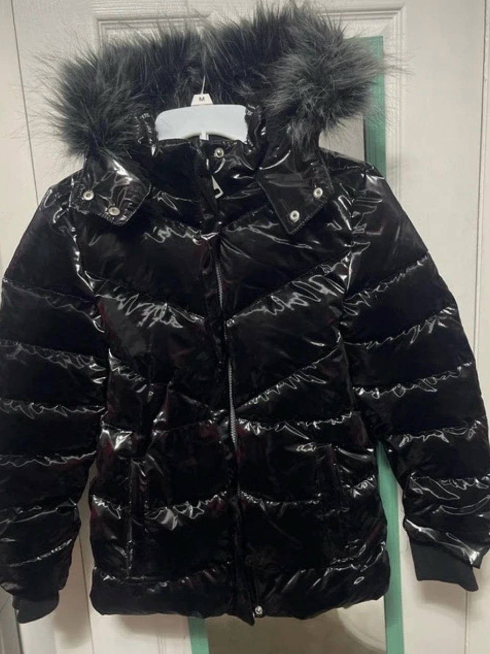 Justice Black Shiny Puffer Jacket with Faux Fur Trim